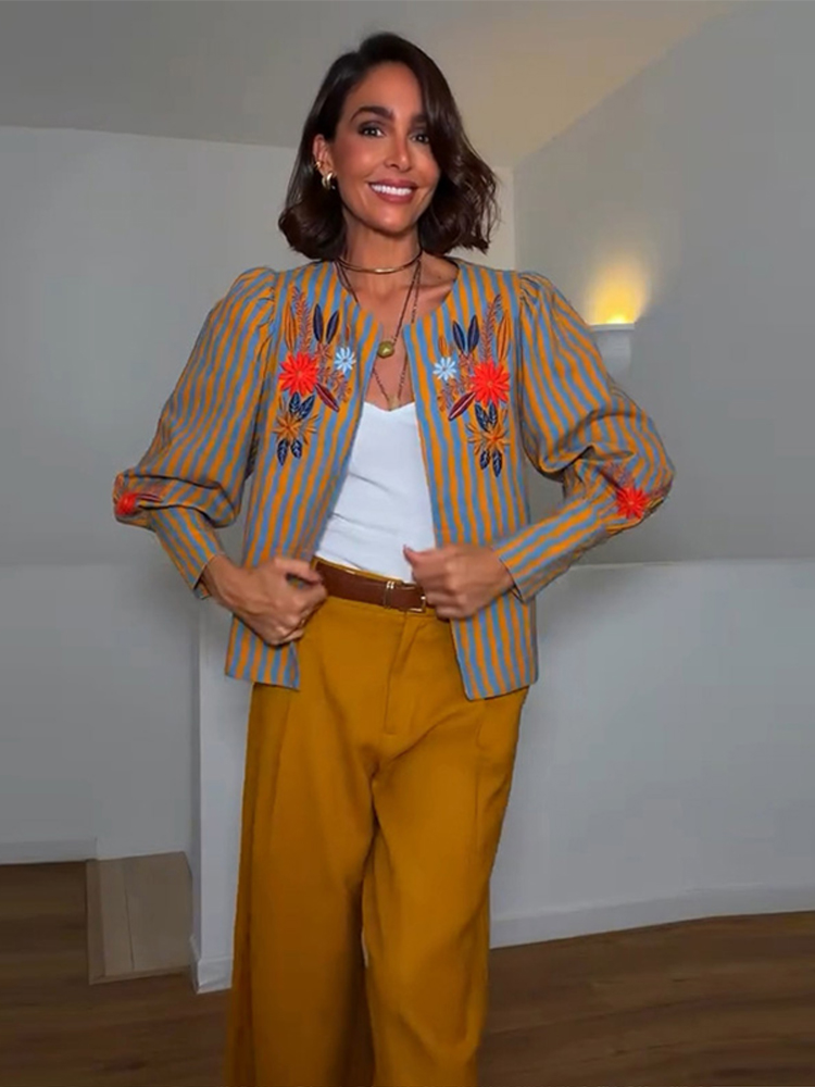 Winter Clothing Women'S - Giacca Ricamata a Righe con Fiori
